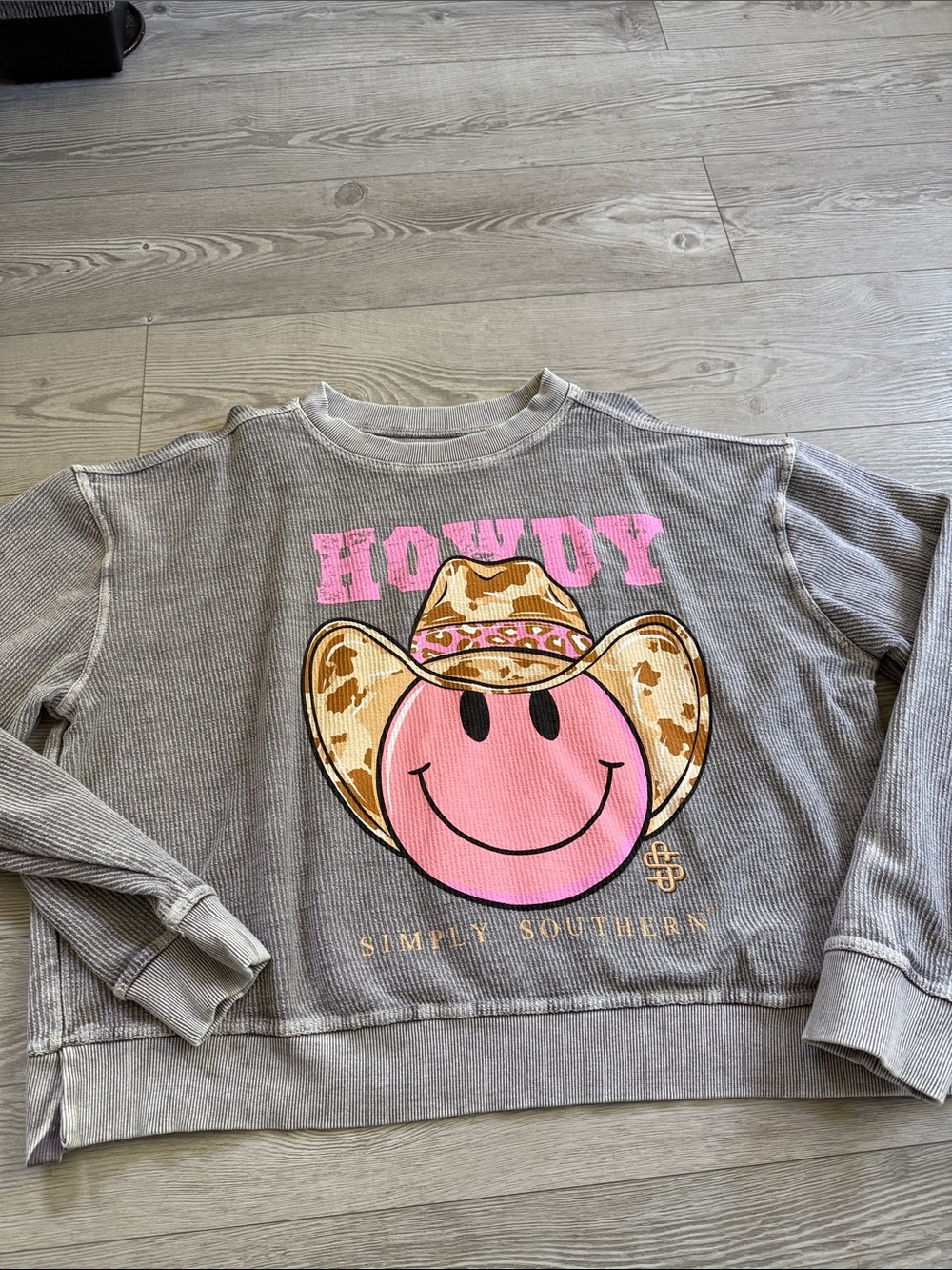 Simply Southern Gray Long Sleeve Tee with Pink Smiley & Tan Cowboy Hat